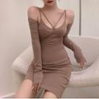 Long-sleeve Crop Top / Spaghetti Strap Cross Strap Mini Sheath Dress