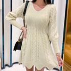 Long-sleeve A-line Cable-knit Dress Off-white - One Size