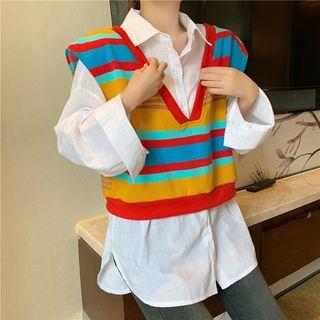 Sleeveless Striped Vest / Long-sleeve Plain Shirt
