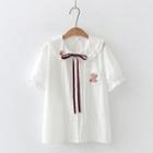 Short-sleeve Embroidered Bow Blouse Short Sleeve - White - One Size