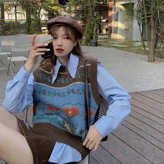 Jacquard Knit Vest / Long-sleeve Plain Shirt