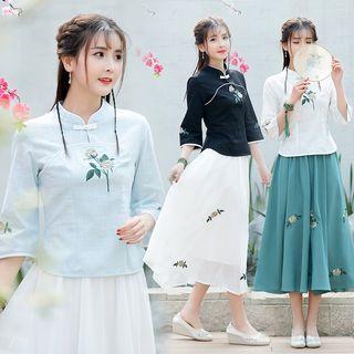 Set: 3/4-sleeve Blouse + Midi A-line Skirt