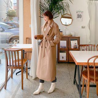 Double-breasted Long Wool Blend Coat With Sash