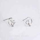 925 Sterling Silver Rhinestone Cat & Moon Earring 1 Pair - Silver - One Size