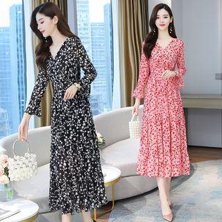 Long-sleeve Frill Trim Patterned Midi A-line Dress