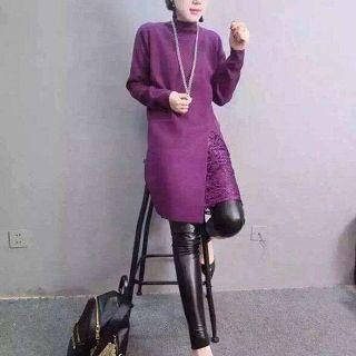 Long-sleeve Lace-panel Knit Dress