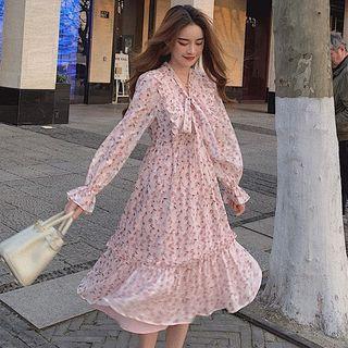 Bell-sleeve Floral Drawstring Dress