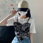 Mock Two-piece Short-sleeve Patterned T-shirt White - One Size