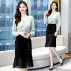 Set: Long Sleeve V-neck Ruffled Blouse + Mermaid Skirt