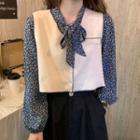 Long-sleeve Floral Print Tie-neck Blouse / Vest