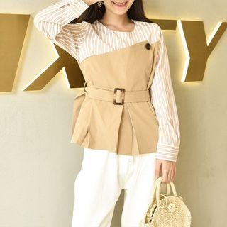 Long-sleeve Paneled Buckled Peplum Top Coffee - One Size