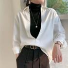 Set: Plain Open-placket Blouse + Turtleneck Top