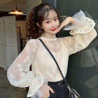 Set: Lace Long-sleeve Top + Camisole Top As Shown In Figure - One Size