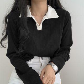 Two Tone Polo Neck Long Sleeve Top