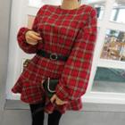 Ruffle-hem Checked Minidress With Belt Red - One Size