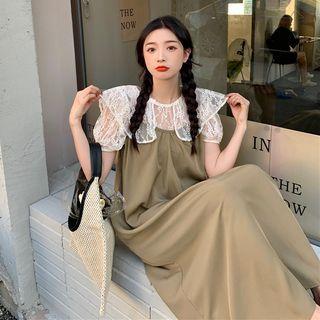 Short-sleeve Lace Top / Spaghetti Strap Midi A-line Dress