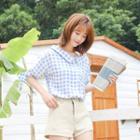 Short-sleeve Collared Plaid Top