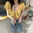 Short-sleeve Bow Neck T-shirt Orange & Yellow - One Size