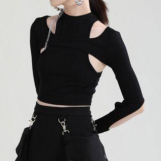 Set: Long-sleeve Cut-out Crop Top + Crop Tank Top
