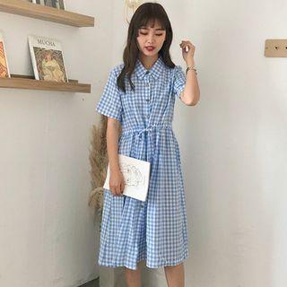 Gingham Short-sleeve A-line Midi Shirt Dress