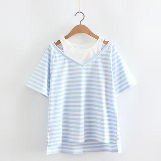 Cut Out Shoulder Striped Short Sleeve T-shirt