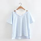 Cut Out Shoulder Striped Short Sleeve T-shirt