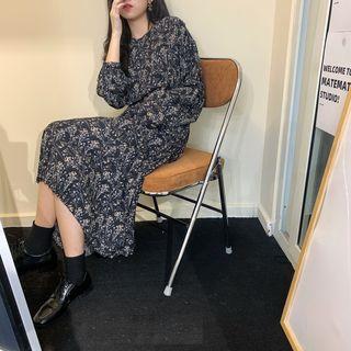 Long-sleeve Floral-print Midi A-line Dress Floral Dress - Dark Blue - One Size