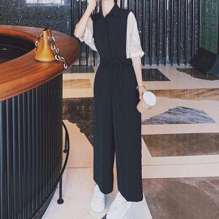 Short Sleeve Two Tone Wide-leg Jumpsuit