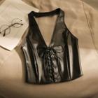 Halter-neck Lace-up Faux Leather Camisole Top