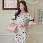 Off-shoulder Bell-sleeve Floral Midi Pencil Dress