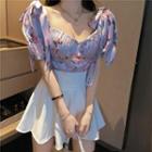 Flower Print Short-sleeve Blouse / Mini A-line Skirt