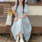 Puff-sleeve Midi A-line Wrap Dress