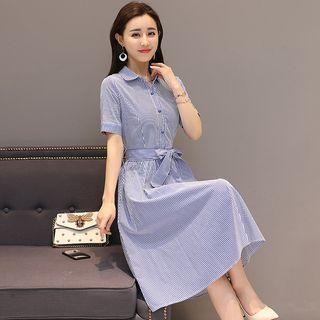 Pinstriped Short-sleeve Midi Shirt Dress