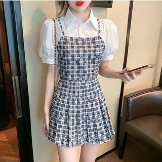 Set: Mock Two-piece Puff-sleeve Shirt + Plaid A-line Skirt