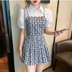 Set: Mock Two-piece Puff-sleeve Shirt + Plaid A-line Skirt