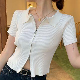 Short-sleeve Collared Zip Knit Crop Top