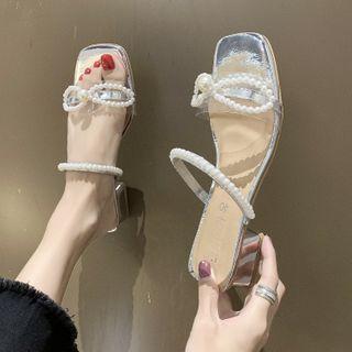 Square-toe Faux Pearl Chunky Heel Sandals