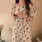 Puff-sleeve Floral Midi Smock Dress Black Floral - White - One Size