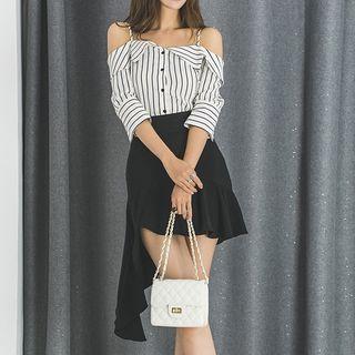 Set: Striped Off-shoulder 3/4-sleeve Top + Asymmetric Hem Mini Skirt