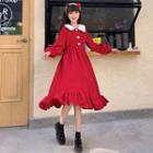 Collared Long-sleeve Corduroy A-line Midi Dress Red - One Size