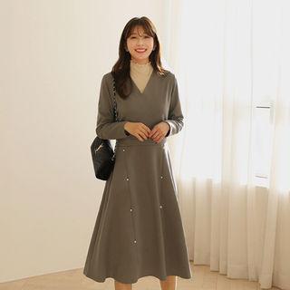 Wrap-front Faux-pearl Long Flare Dress