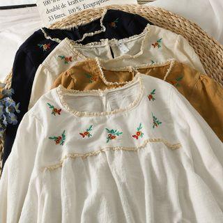 Lace-trim Embroidered Loose Blouse