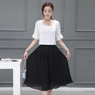Set: Printed Frill Trim Elbow Sleeve Chiffon Top + Pleated Culottes