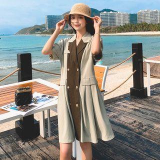 Short-sleeve Two-tone Double Breasted Coat Dress