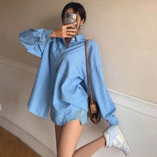 Pocket-front Denim Boxy Shirt Blue - One Size