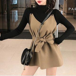 Long-sleeve Mock-neck T-shirt / Sashed Vest / Set