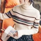Mock Turtleneck Striped Sweater Beige - One Size