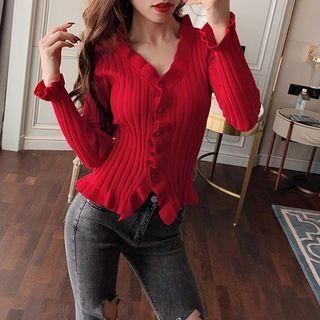 Ruffle Trim V-neck Cropped Knit Cardigan