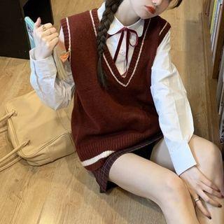 Plain Short-sleeve T-shirt / Contrast Trim Knit Vest / Plaid Mini Skirt / Shirt