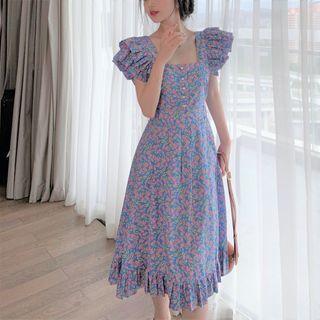 Cap-sleeve Floral Print Midi A-line Dress Blue - One Size